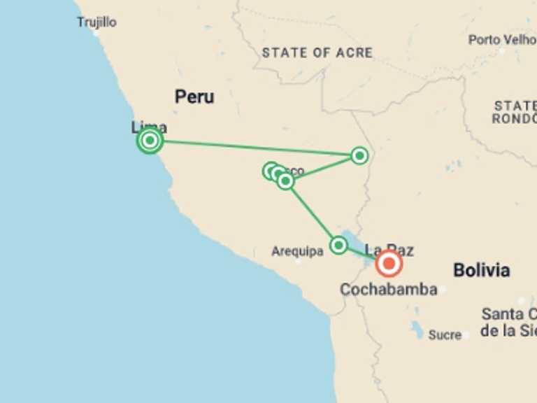 Map itinerary of Lima Tour in September 2025 with 7 destination visits for the trip: Sacred Land of the Incas