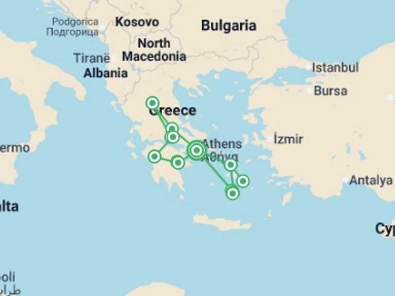 Map of Balkans Beach Tour with 9 destination visits for the trip: Exploring Greece and Its Islands featuring Classical Greece, Mykonos & Santorini