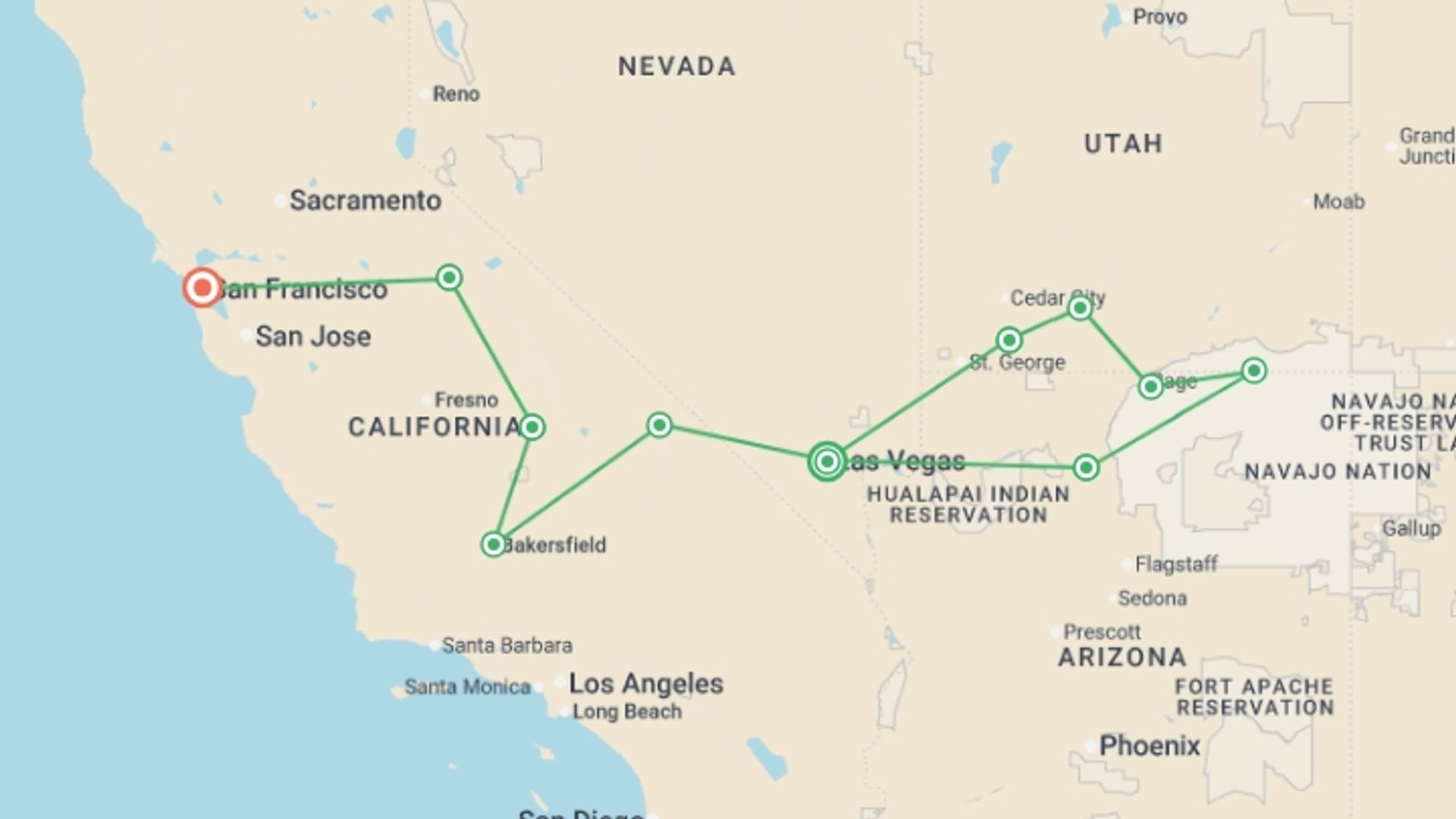 A map showing the tour itinerary for the trip: Zion to San Francisco Adventure, starting in Las Vegas, USA and ending in San Francisco, USA going through 7 other destinations.