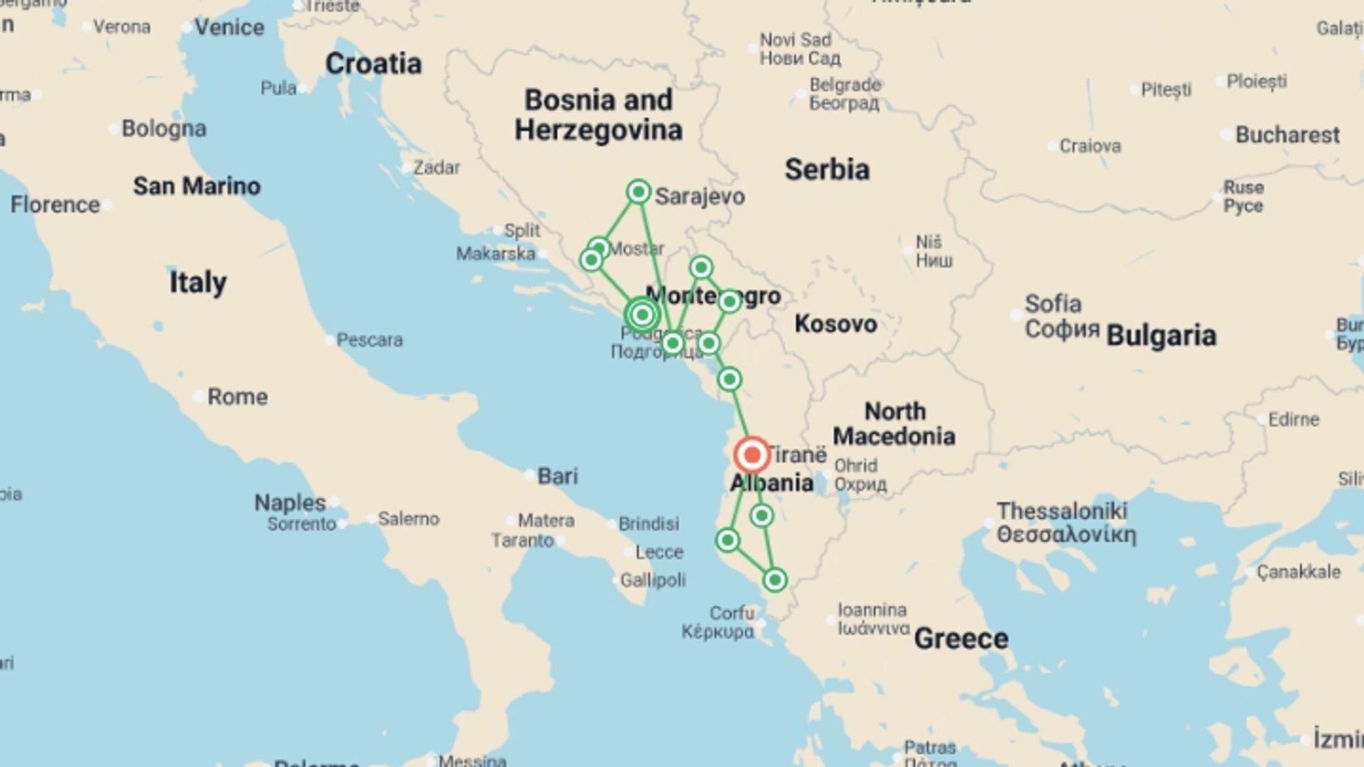 A map showing the tour itinerary for the trip: Classic Balkans: Bosnia & Herzegovina to Albania, starting in Trebinje, Bosnia Herzegovina and ending in Tirana, Albania going through 11 other destinations.
