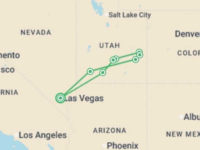 Map itinerary of USA Tour in Fall with 5 destination visits for the trip: Mighty 5 Canyons Adventure (from Las Vegas) 5D/4N