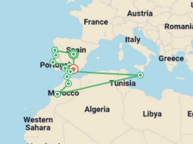 Map itinerary of Europe Tour in Winter with 13 destination visits for the trip: Amazing Spain Portugal and Morocco