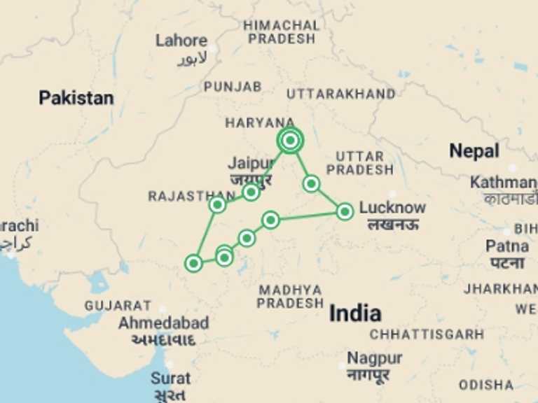Map of 15-Day New Delhi Tour with 10 destination visits for the trip: Cycle Rajasthan