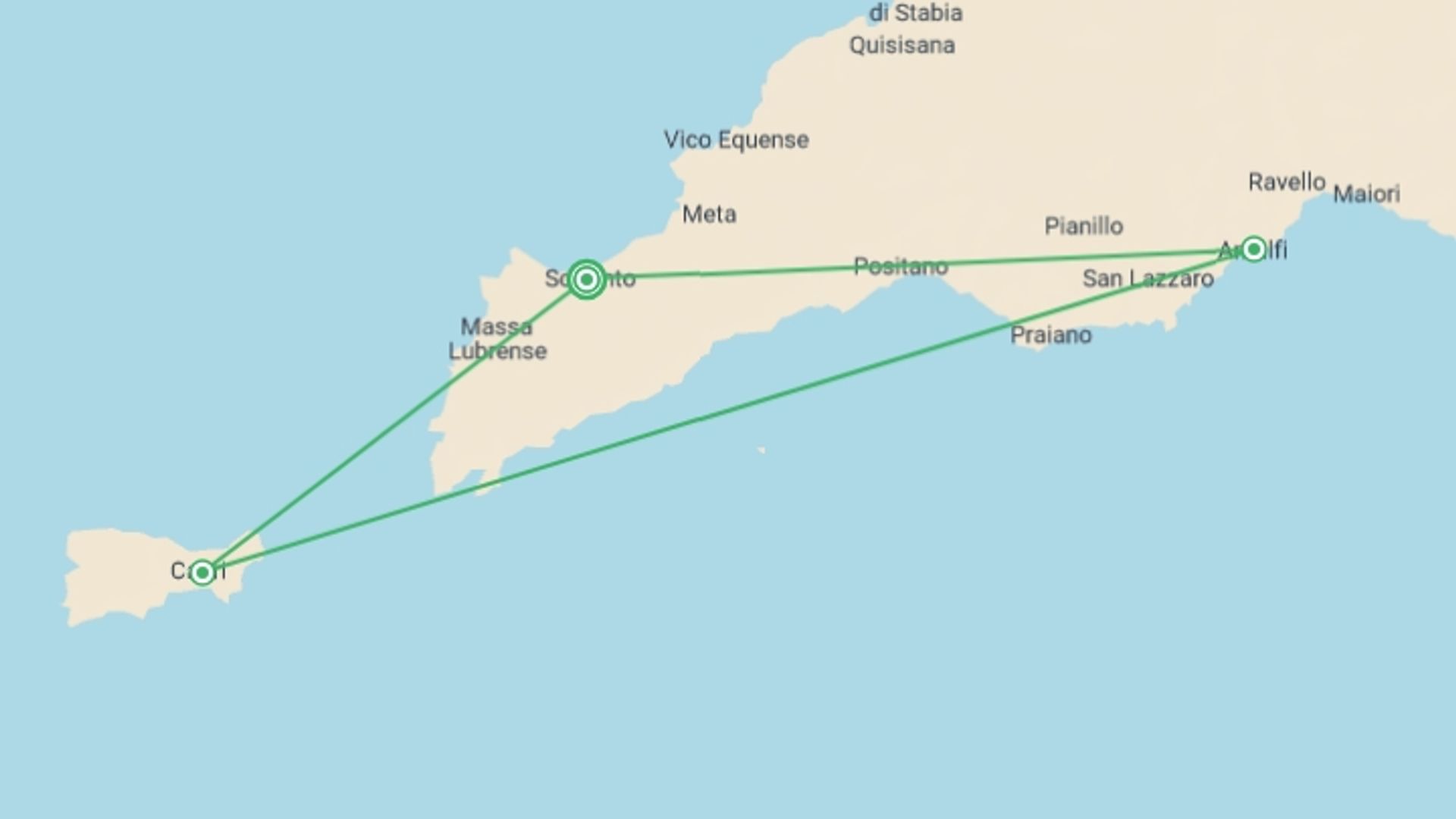 A map showing the tour itinerary for the trip: Private Mini-cruise Around Gulf Of Naples, 3 Days (klase 50) (on Request), starting in Sorrento, Italy and ending in Sorrento, Italy going through 1 other destinations.