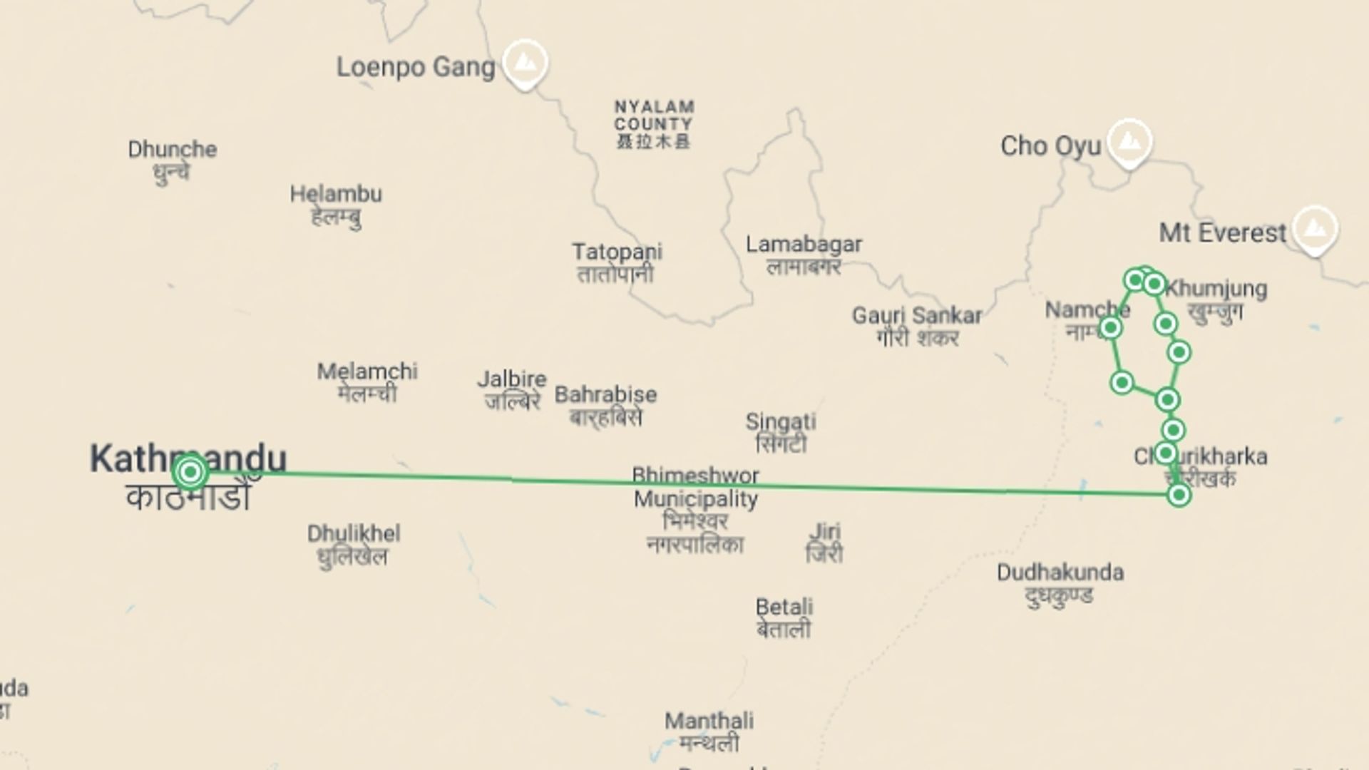 A map showing the tour itinerary for the trip: Gokyo Lakes Trek, starting in Kathmandu, Nepal and ending in Kathmandu, Nepal going through 10 other destinations.