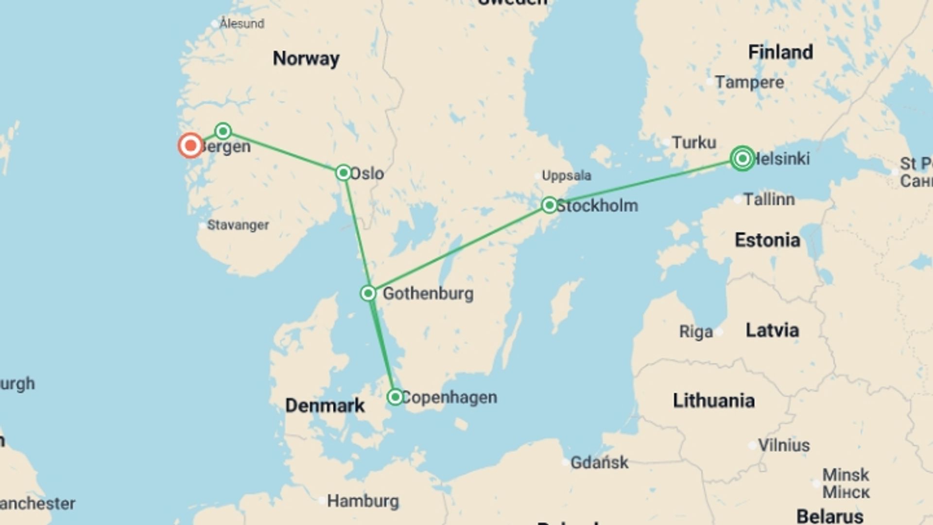 A map showing the tour itinerary for the trip: Scandinavia: Hygge & Nordic History, starting in Helsinki, Finland and ending in Bergen, Norway going through 5 other destinations.