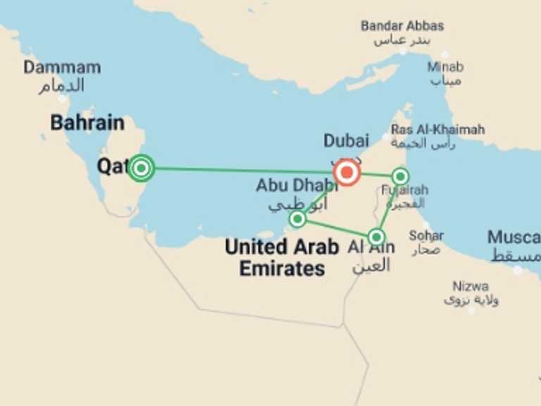 Map itinerary of Dubai Tour in December 2025 with 5 destination visits for the trip: Qatar, Dubai, and the United Arab Emirates