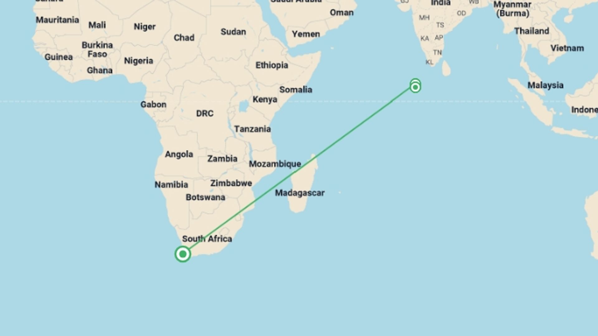 A map showing the tour itinerary for the trip: Marine Conservation Cruise, starting in Cape Town, South Africa and ending in Cape Town, South Africa going through 2 other destinations.