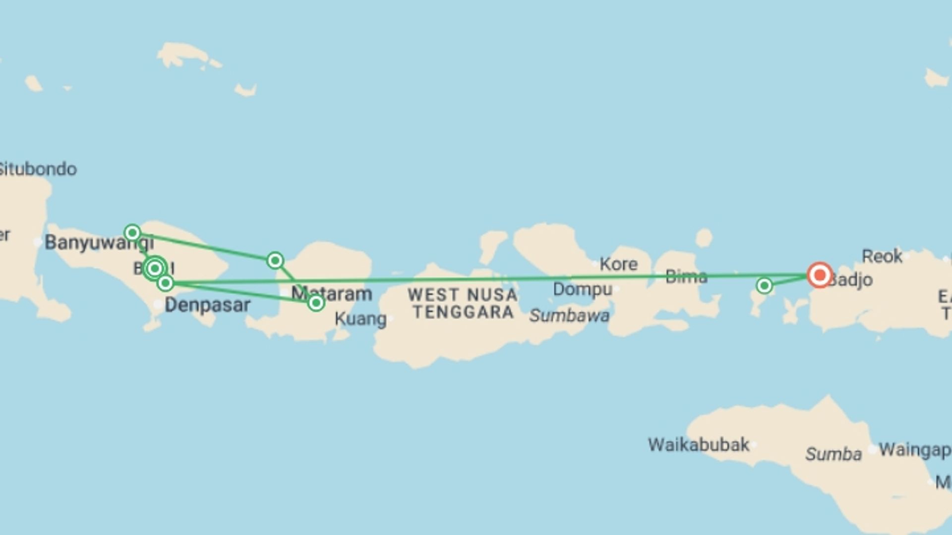 A map showing the tour itinerary for the trip: Epic Indonesia 19 Day, starting in Bali, Indonesia and ending in Labuan Bajo, Indonesia going through 7 other destinations.