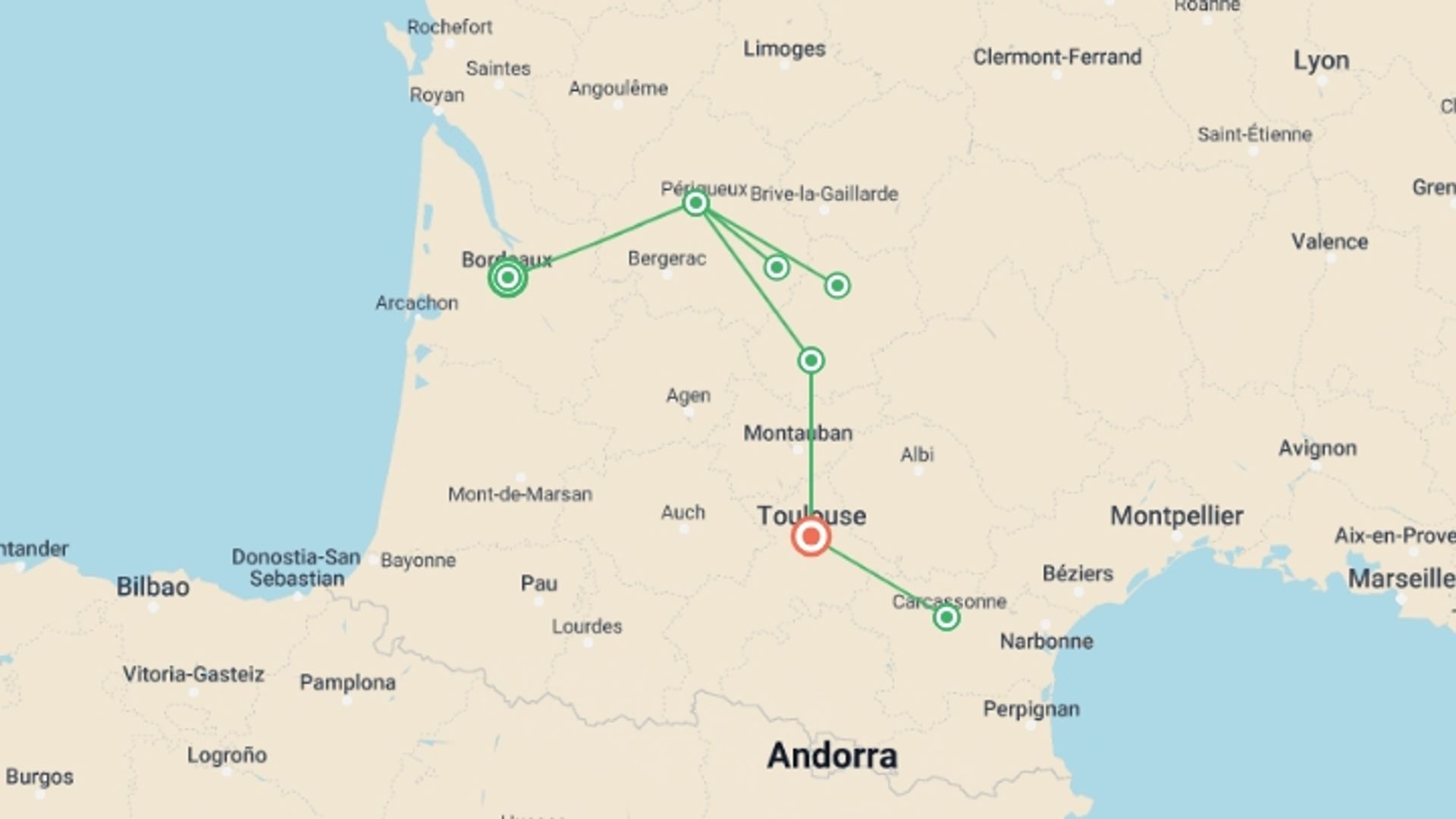 A map showing the tour itinerary for the trip: Scenic Bordeaux and Wine Regions Self Drive, starting in Bordeaux, France and ending in carcassonne, carcassonne going through 4 other destinations.