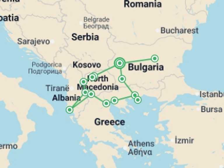 Map itinerary of Europe Tour in May 2026 with 13 destination visits for the trip: Ancient Macedonia