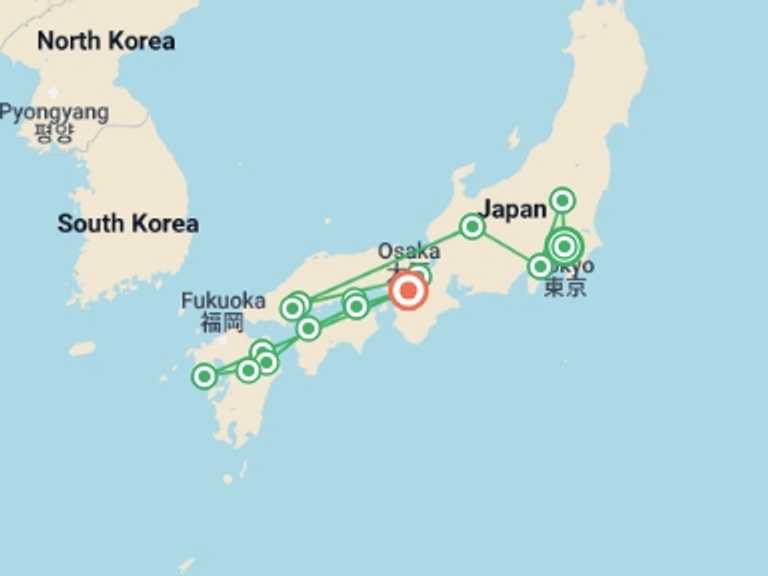 Map of Osaka Museum and gallery visits Tour with 13 destination visits for the trip: Ultimate Japan