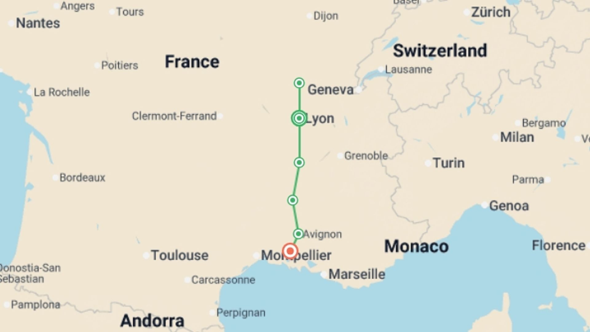 A map showing the tour itinerary for the trip: Burgundy & Provence (2027), starting in Lyon, France and ending in Arles, France going through 1 other destinations.