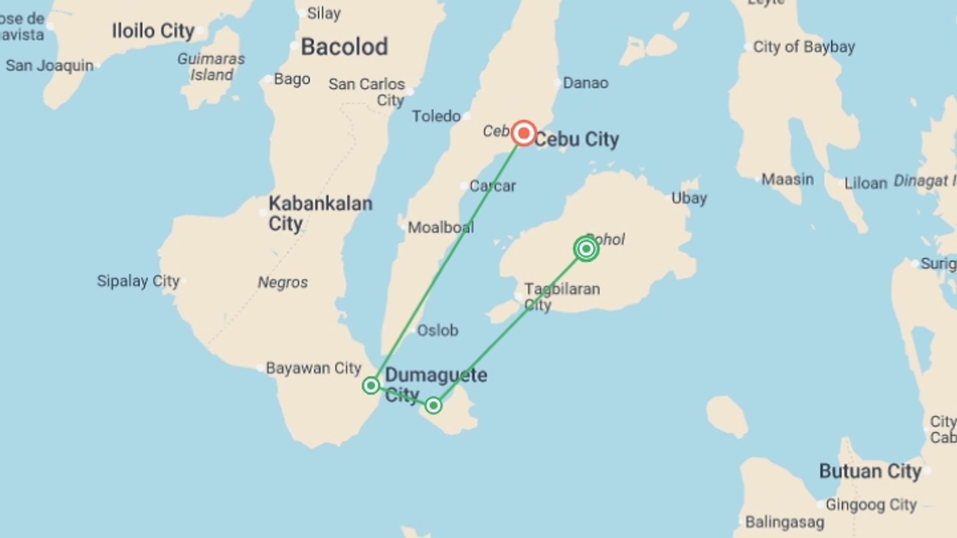 A map showing the tour itinerary for the trip: Island Wonders of the Visayas - 9 days, starting in Bohol, Philippines and ending in Cebu City, Philippines going through 2 other destinations.