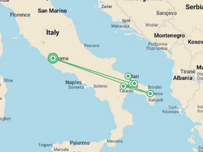 Map of Rome Explorer Tour with 6 destination visits for the trip: Rome & Puglia Discovery: Small Group Experience