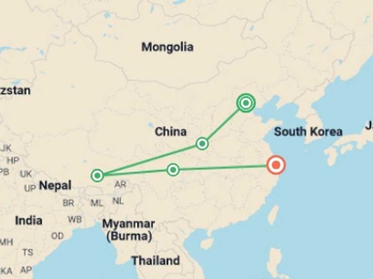 Map of 13-Day China Tour with 6 destination visits for the trip: 13-Day China Classic Tour (with Tibet)