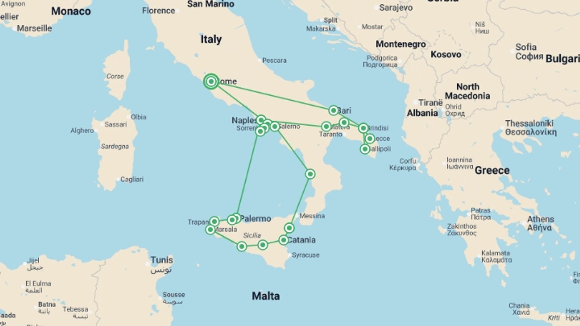 A map showing the tour itinerary for the trip: Beautiful Puglia, Southern Italy and Sicily, starting in Rome, Italy and ending in Rome, Italy going through 7 other destinations.
