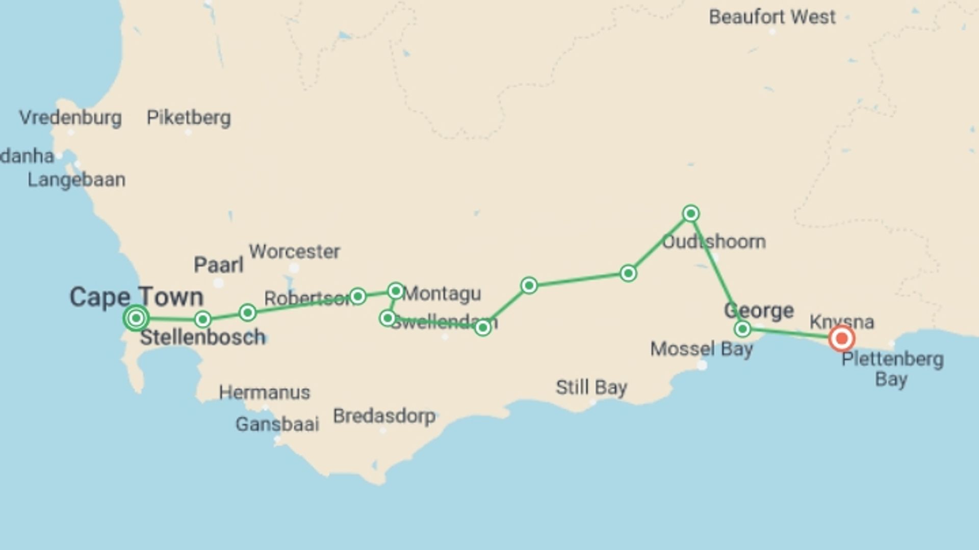 A map showing the tour itinerary for the trip: Cycling South Africa's Garden Route, starting in Cape Town, South Africa and ending in Knysna, South Africa going through 10 other destinations.