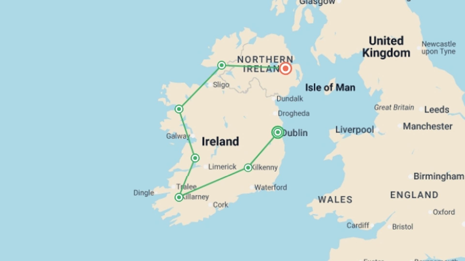 A map showing the tour itinerary for the trip: Signature: Ireland's Legendary Landscapes & Cities, starting in Dublin, Ireland and ending in Belfast, Ireland going through 5 other destinations.