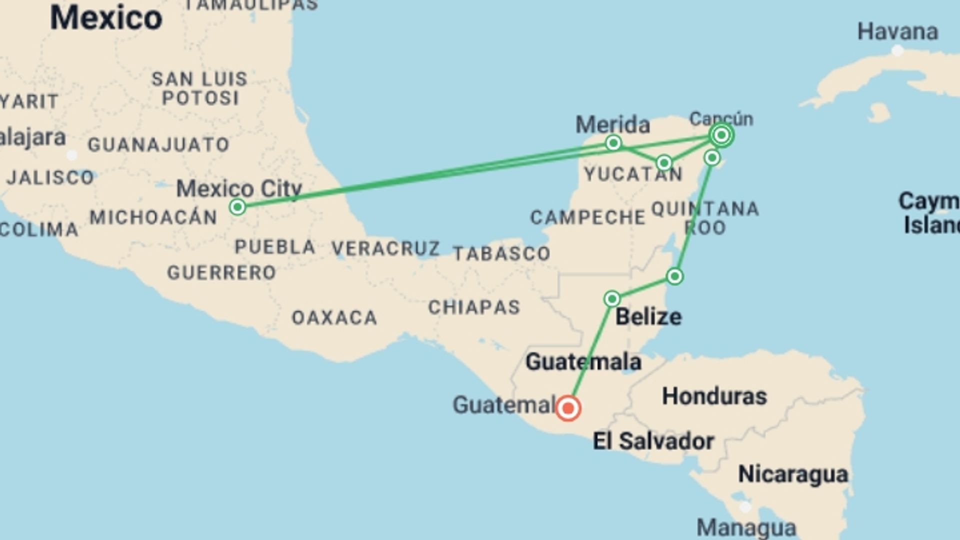 A map showing the tour itinerary for the trip: Mexico, Belize and Guatemala Experience, starting in Cancún, Mexico and ending in Antigua, Guatemala going through 5 other destinations.