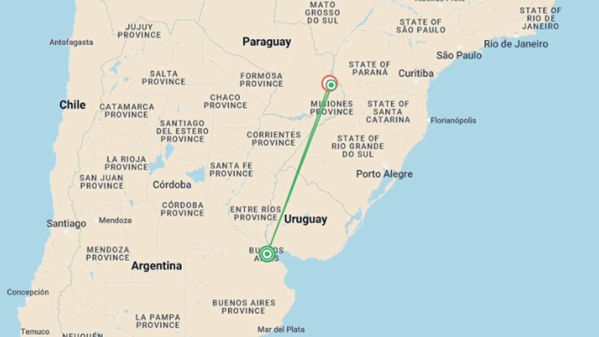 A map showing the tour itinerary for the trip: Marvelous Argentina, starting in Buenos Aires, Argentina and ending in Puerto Iguazu, Argentina going through 1 other destinations.