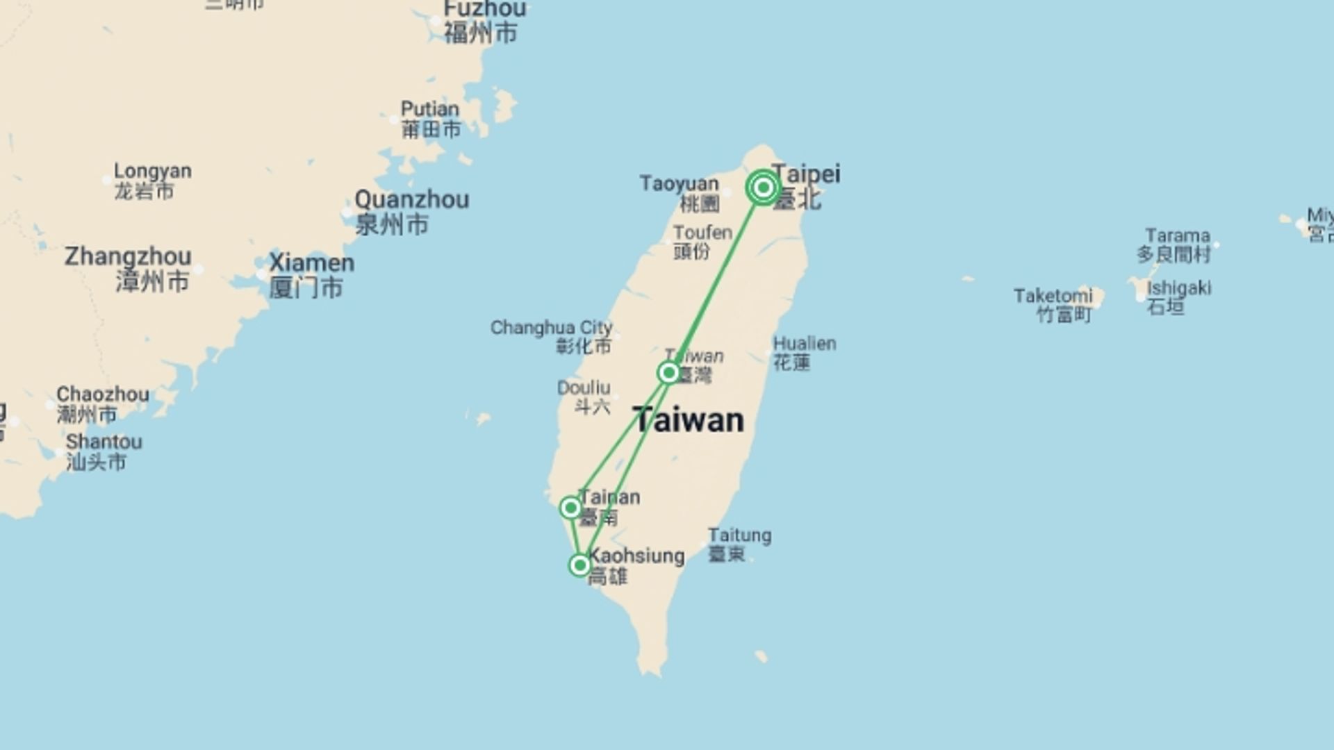 A map showing the tour itinerary for the trip: Taiwan Explorer: Lanterns, Lakes & Skyline Views, starting in Taipei, Taiwan and ending in Taipei, Taiwan going through 3 other destinations.