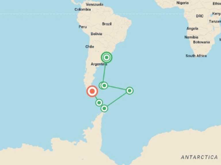 Map of Ushuaia Trekking and Hiking Tour with 7 destination visits for the trip: Falklands, South Georgia & Antarctica