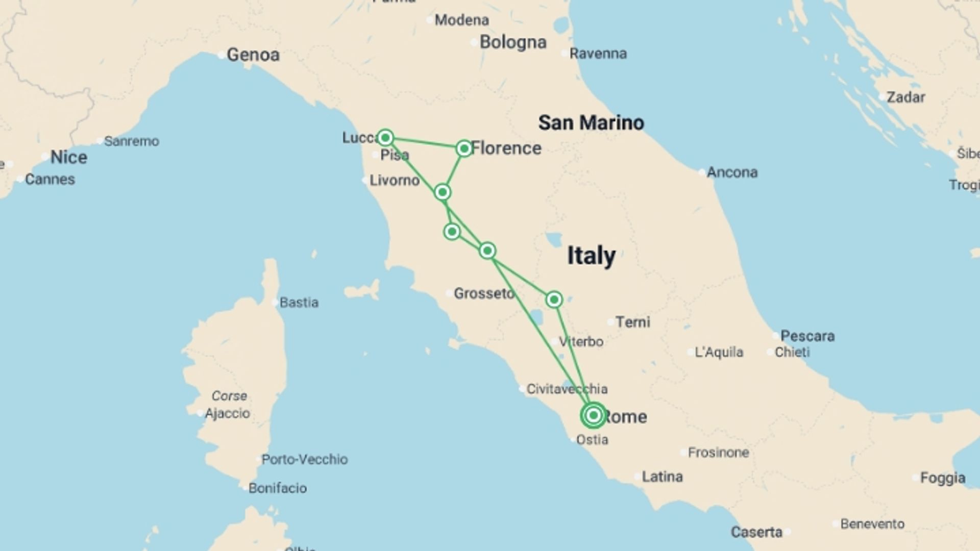 A map showing the tour itinerary for the trip: Tuscan Escape, starting in Rome, Italy and ending in Rome, Italy going through 5 other destinations.