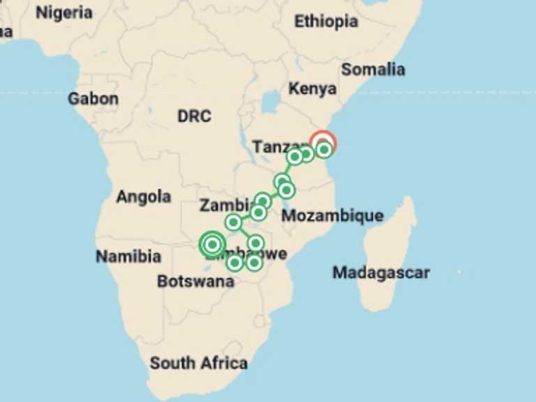 Map itinerary of Dar Es Salaam Tour in July 2027 with 15 destination visits for the trip: Vic Falls to Zanzibar