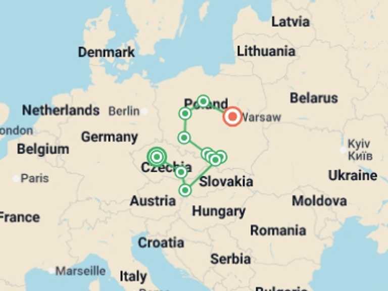 Map itinerary of Europe Tour in July 2026 with 6 destination visits for the trip: Czech Republic and Poland Highlights, Ending in Warsaw