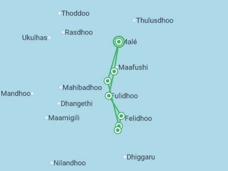 Map itinerary of South Asia Tour in January 2026 with 7 destination visits for the trip: Sail Maldives