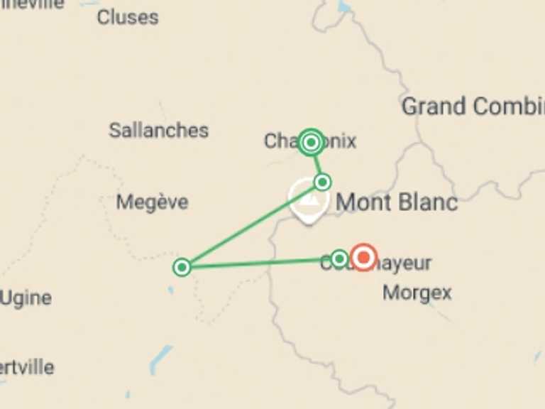 Map of Courmayeur Tour with 5 destination visits for the trip: Walking Tour du Mont Blanc - Premium