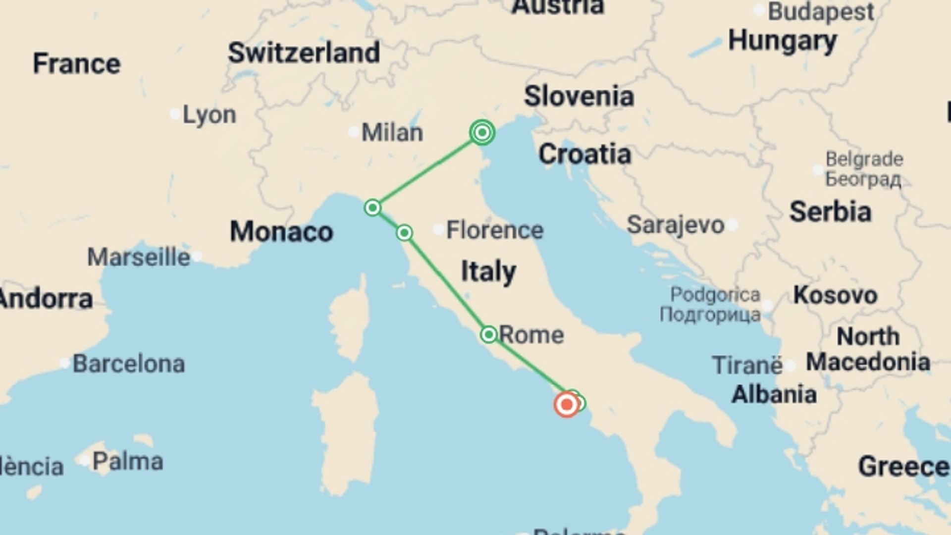 A map showing the tour itinerary for the trip: Best of Italy Family Holiday, starting in Venice, Italy and ending in Sorrento, Italy going through 5 other destinations.