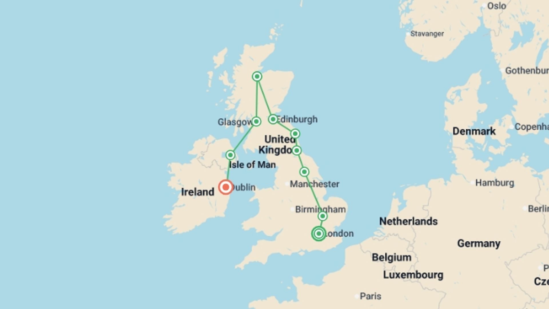 A map showing the tour itinerary for the trip: Extensive United Kingdom and Ireland end Dublin, starting in London, England and ending in Dublin, Ireland going through 4 other destinations.