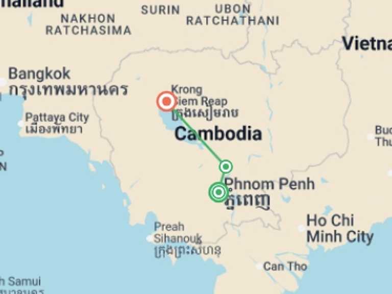 Map itinerary of Cambodia Tour in Fall with 3 destination visits for the trip: Best of Cambodia - 6 days