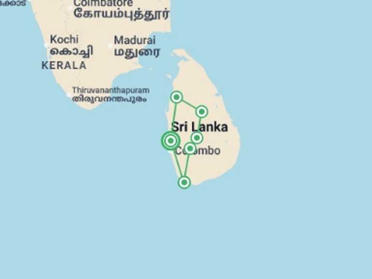 Map itinerary of Asia Tour in December 2025 with 6 destination visits for the trip: Family Highlights of Sri Lanka