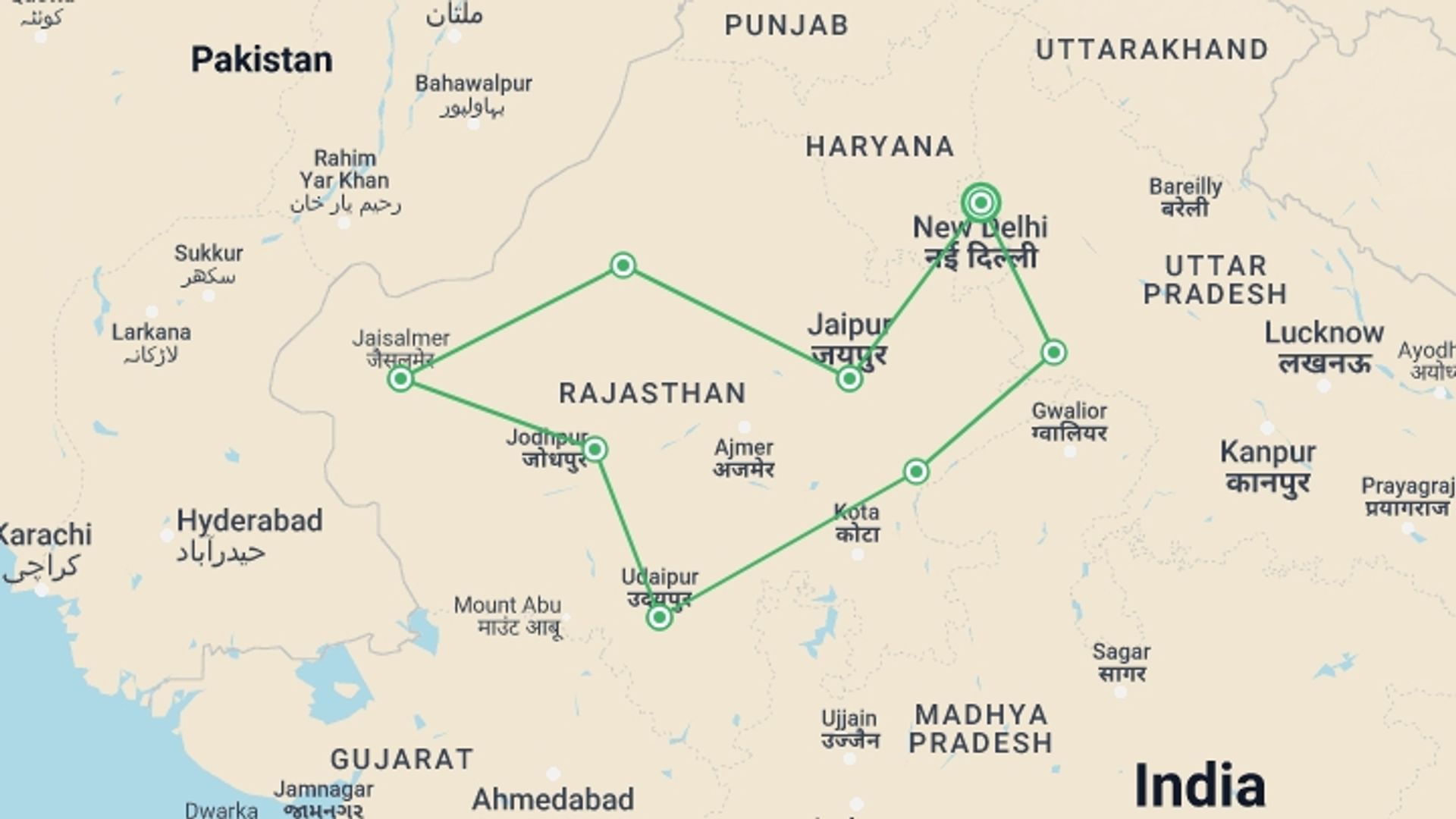 A map showing the tour itinerary for the trip: Indian Heritage and Tiger Safari Package, starting in New Delhi, India and ending in New Delhi, India going through 7 other destinations.