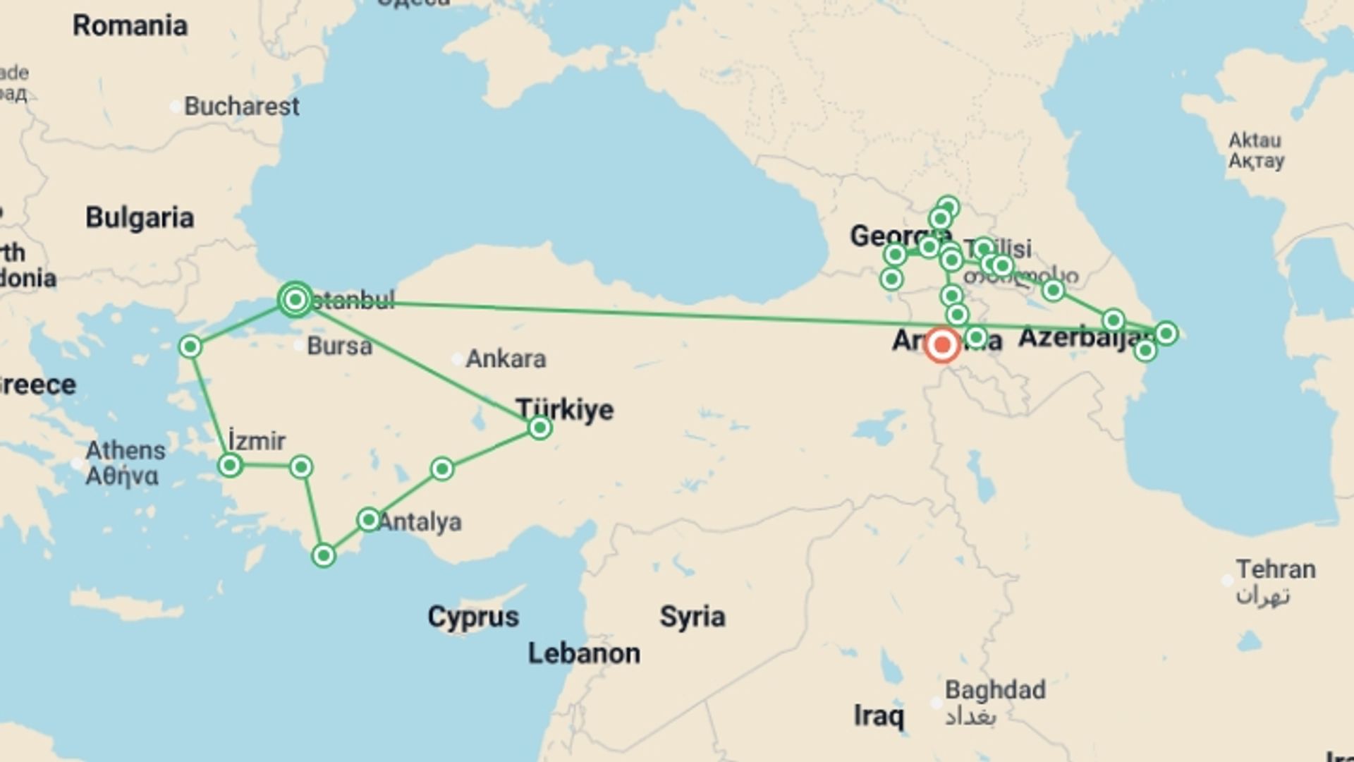 A map showing the tour itinerary for the trip: Premium Turkey & the Caucasus, starting in Istanbul, Turkey and ending in Yerevan, Armenia going through 14 other destinations.