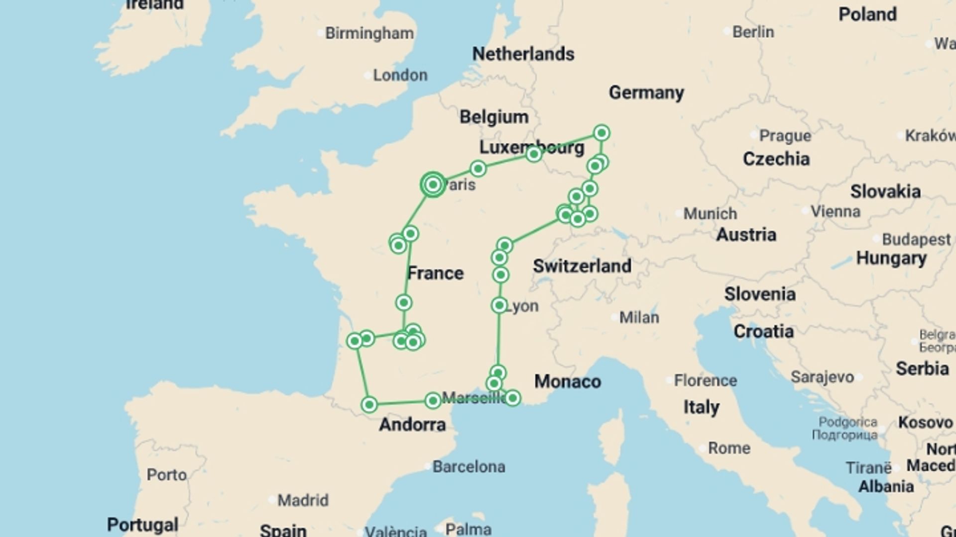 A map showing the tour itinerary for the trip: Enchanted France and Black Forest, starting in Paris, France and ending in Paris, France going through 11 other destinations.