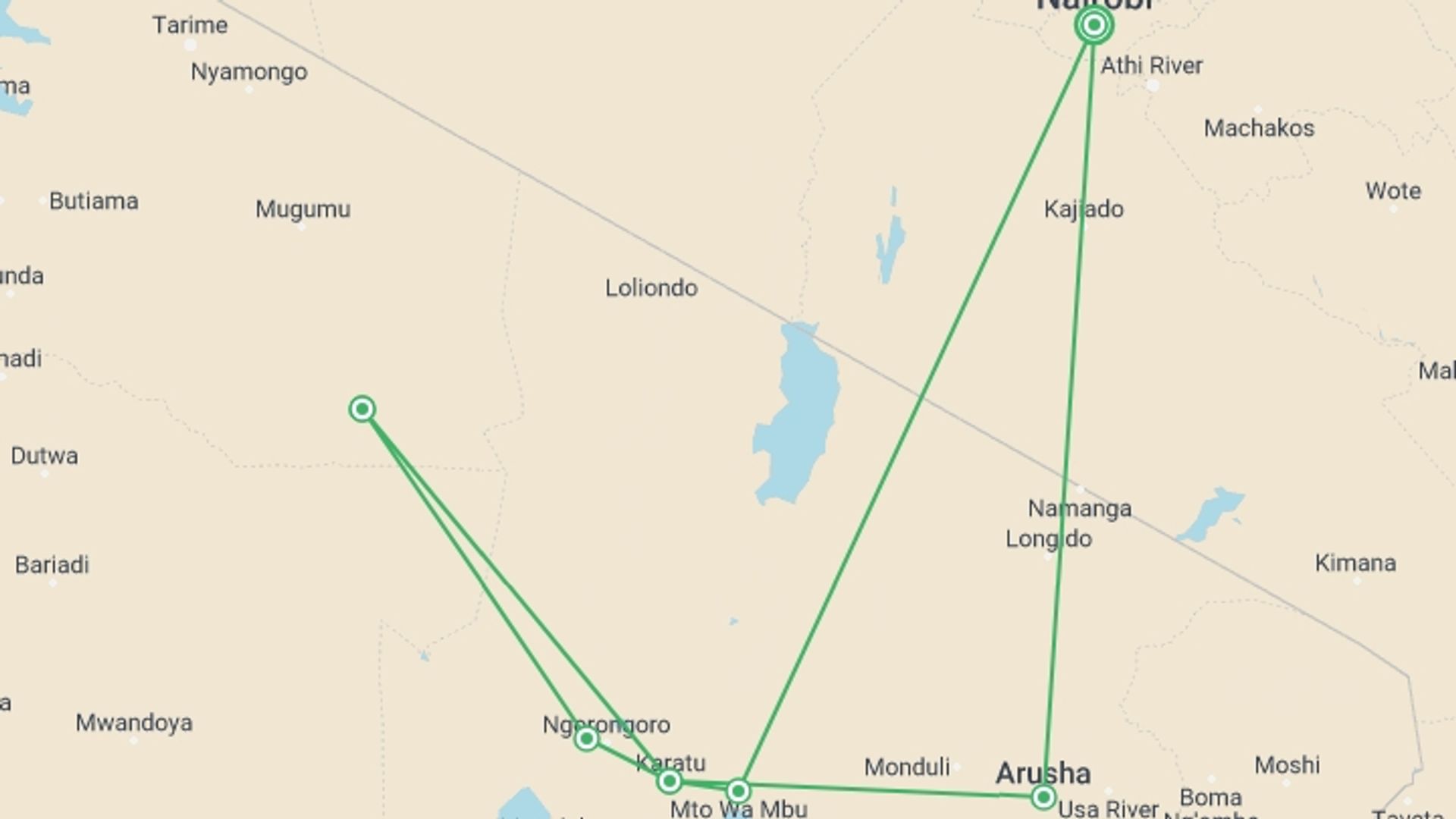 A map showing the tour itinerary for the trip: Tanzania Family Safari, starting in Nairobi, Kenya and ending in Nairobi, Kenya going through 4 other destinations.