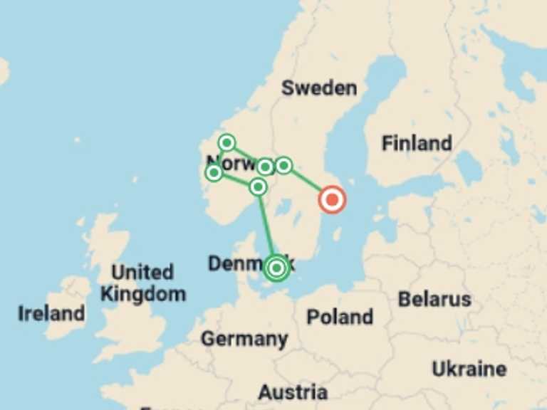 Map of Northern Europe Tour with 7 destination visits for the trip: Scandinavia 35 to 45