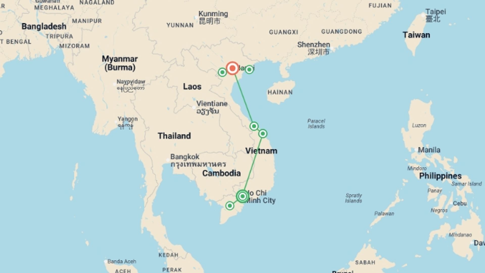 A map showing the tour itinerary for the trip: Premium Vietnam in Depth, starting in Ho Chi Minh City, Vietnam and ending in Hanoi, Vietnam going through 5 other destinations.