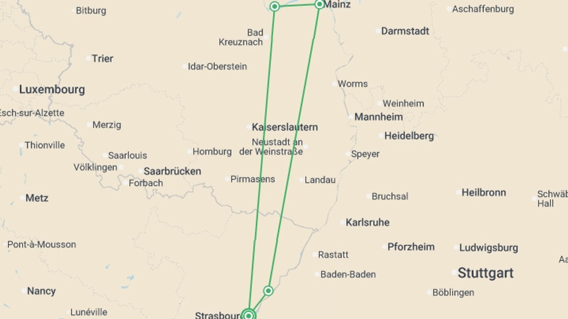 A map showing the tour itinerary for the trip: The Magic of Christmas: Savory delights and holiday traditions on a Rhine River cruise (port-to-port cruise), starting in Strasbourg, France and ending in Strasbourg, France going through 2 other destinations.