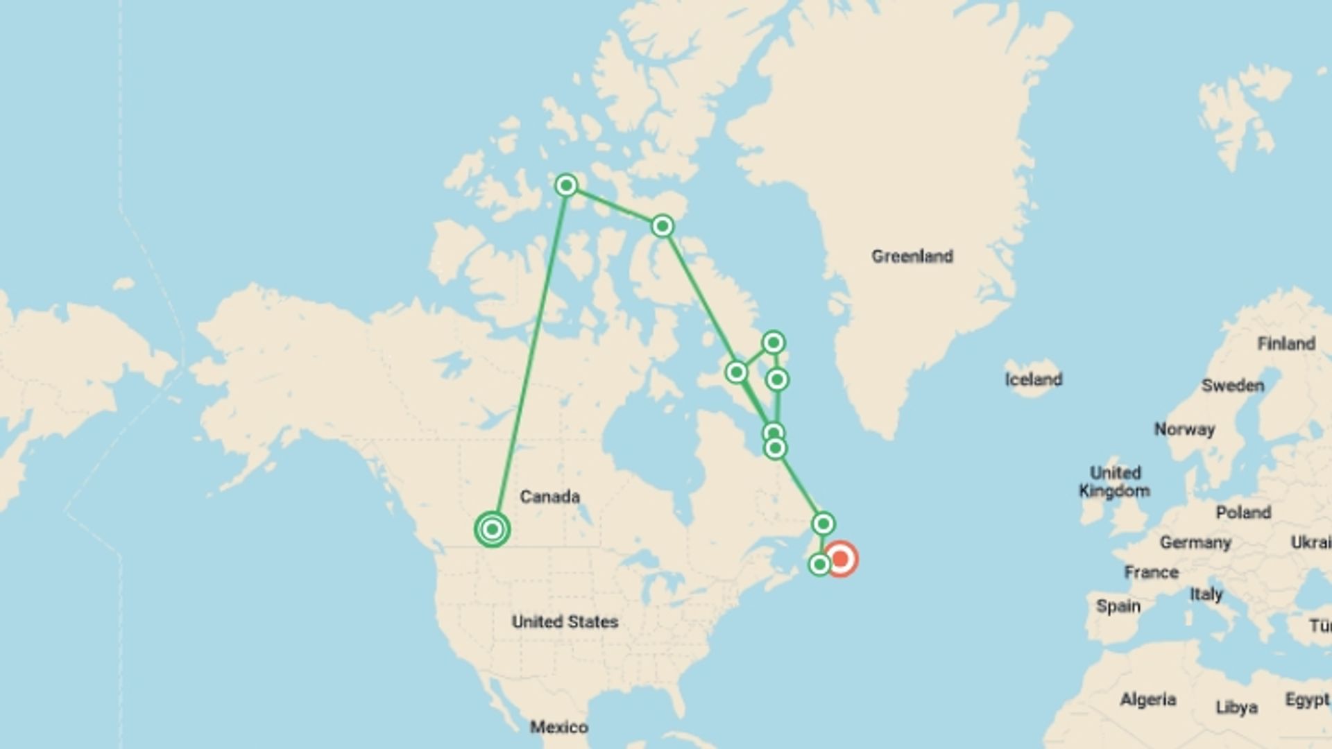 A map showing the tour itinerary for the trip: Northwest Passage to Newfoundland: Glaciers, Mountains and Wildlife, starting in Calgary, Canada and ending in St. John's, Canada going through 9 other destinations.