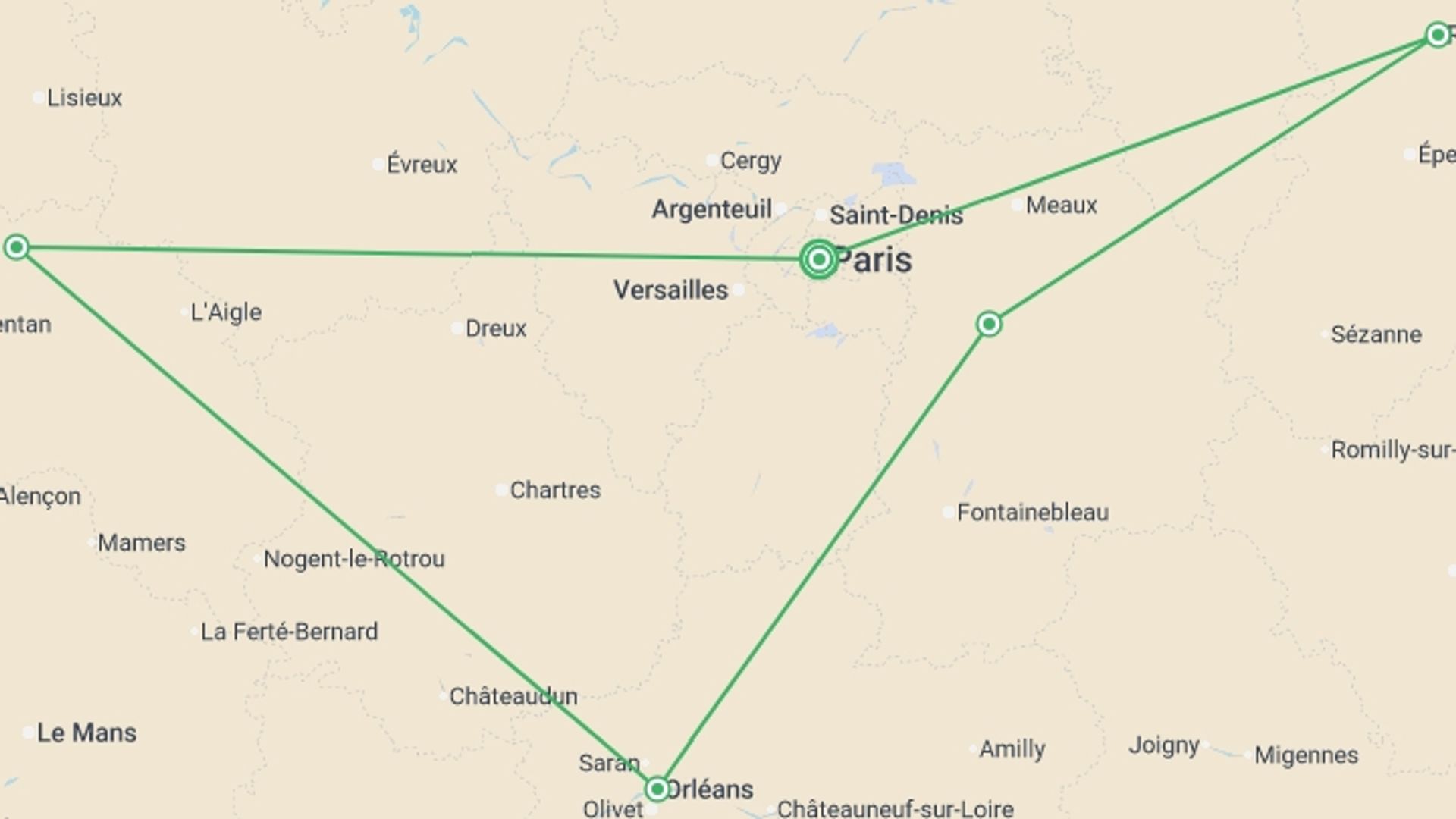 A map showing the tour itinerary for the trip: France in a Week, starting in Paris, France and ending in Paris, France going through 3 other destinations.