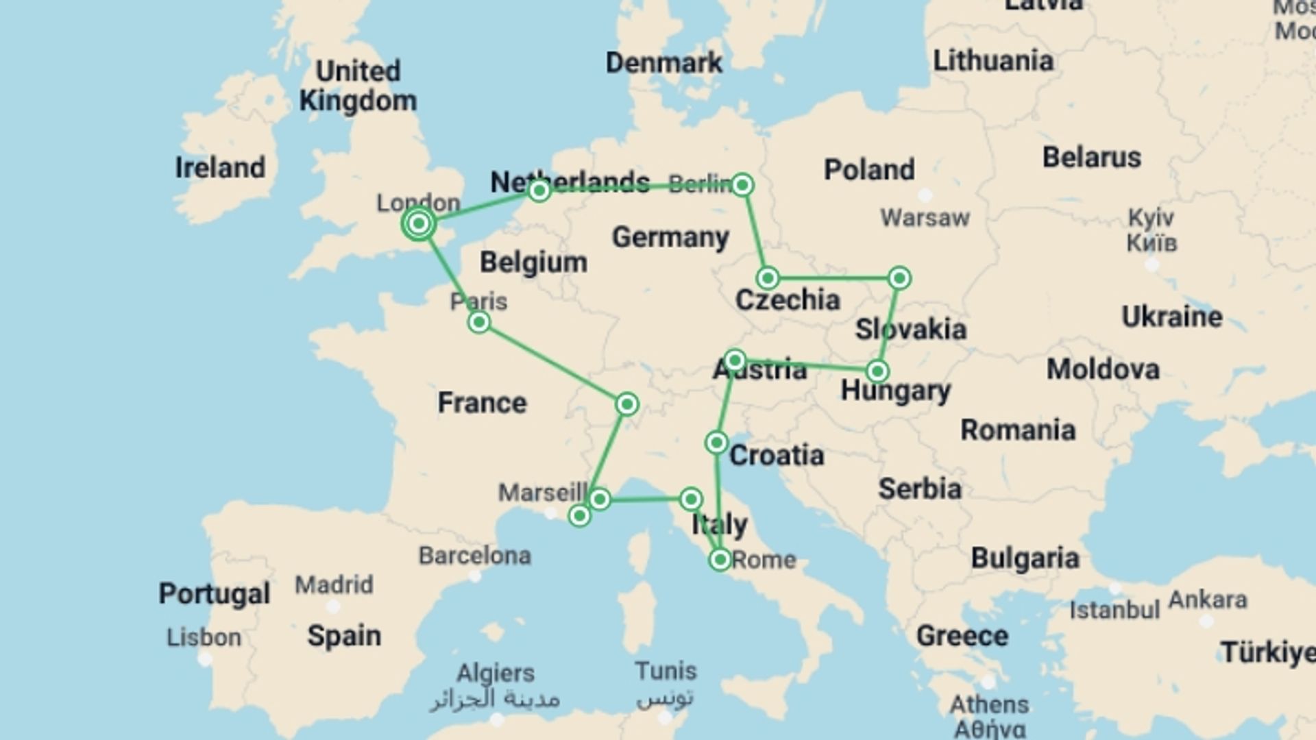 A map showing the tour itinerary for the trip: Get Social: Central & Eastern Europe, starting in London, England and ending in London, England going through 13 other destinations.