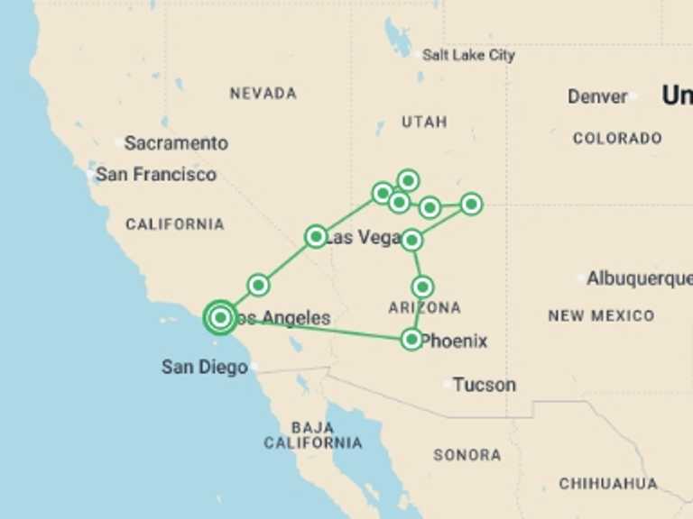 Map itinerary of USA Tour in February 2027 with 6 destination visits for the trip: Palm Springs, Grand Canyon & Las Vegas - 8 days 