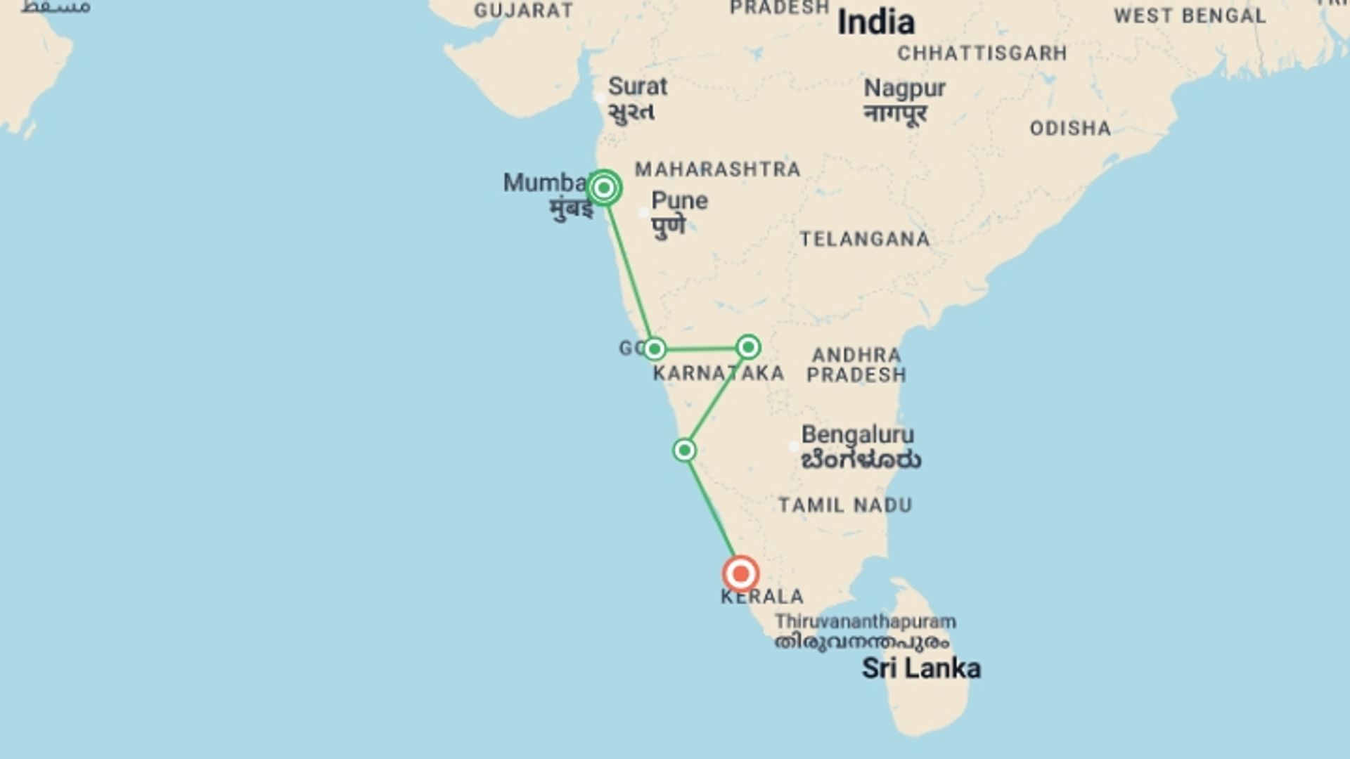 A map showing the tour itinerary for the trip: India's West Coast – North to South, starting in Mumbai, India and ending in Kerala & Tamil Nadu, India going through 4 other destinations.