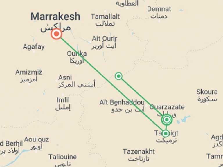 Map itinerary of Marrakech Tour in October 2026 with 2 destination visits for the trip: Ouarzazate Overnight, 2 Days, Private Tour