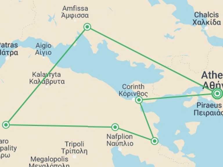 Map of 5-Day Athens Tour with 3 destination visits for the trip: Classical Tour Greece Argolis, Olympia, Delphi, Spanish-speaking Guide